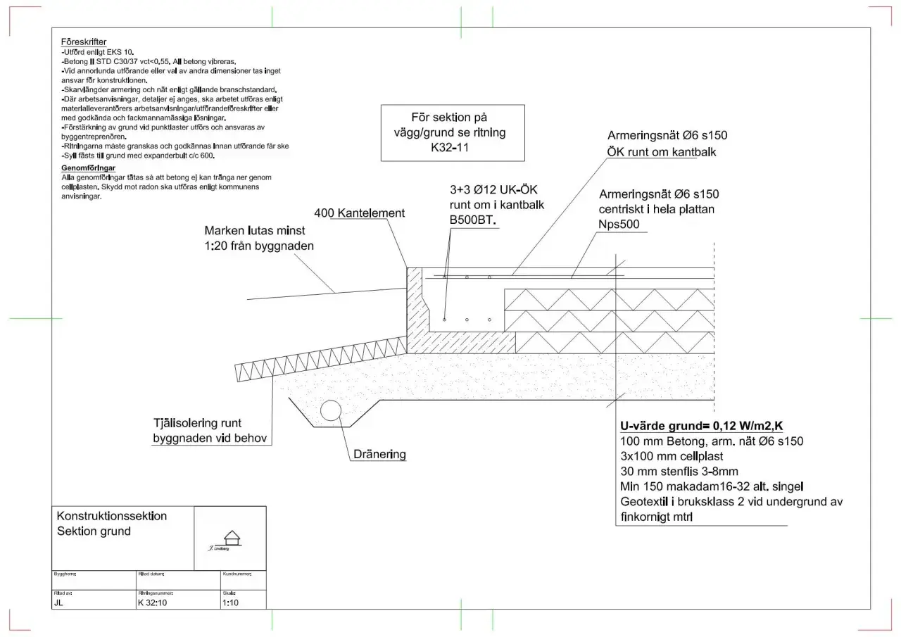 Konstruktionsritning grund visar en tvärsnittssektion av en byggnads grund med detaljer om isolering, dränering och armering.