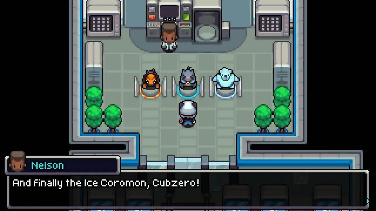 Postać w grze typu gry pokemon na pc wybiera Cubzero, lodowego Coromona, w laboratorium.