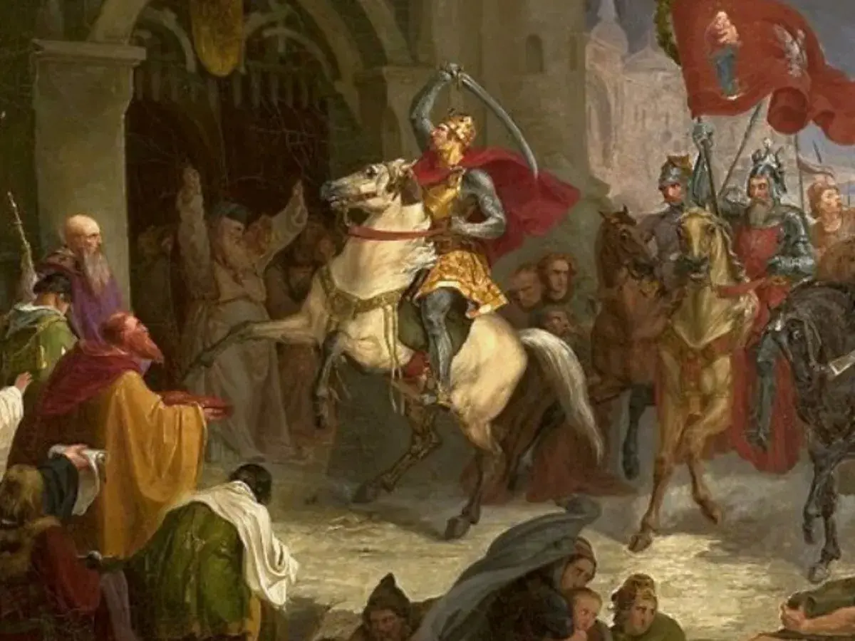 Rycerz na koniu z mieczem wzniesionym ku górze, tłum wiwatujący. Czy żyją potomkowie polskich królów?