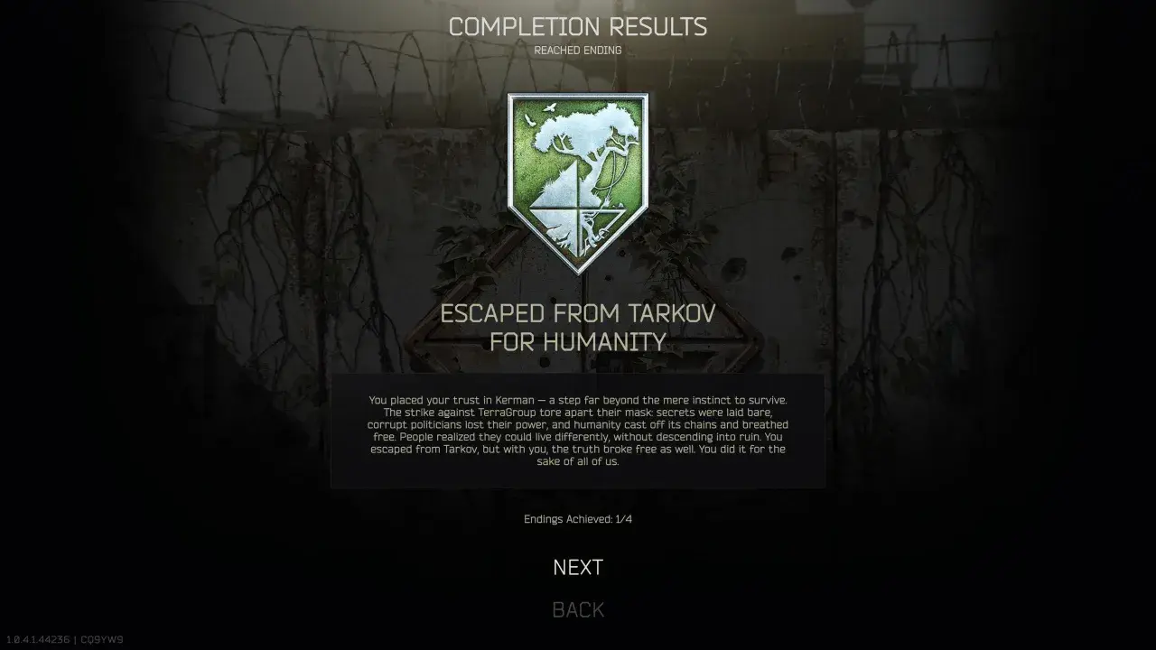 Ergebnisbildschirm "Escaped from Tarkov for Humanity". Nach dem Tarkov Wipe hast du die Menschheit gerettet.