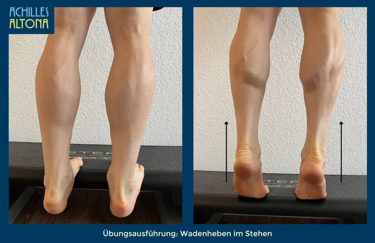 Wadenheben zeigt, wo die Achillessehne liegt. Die Übung stärkt die Wade und die Ferse.