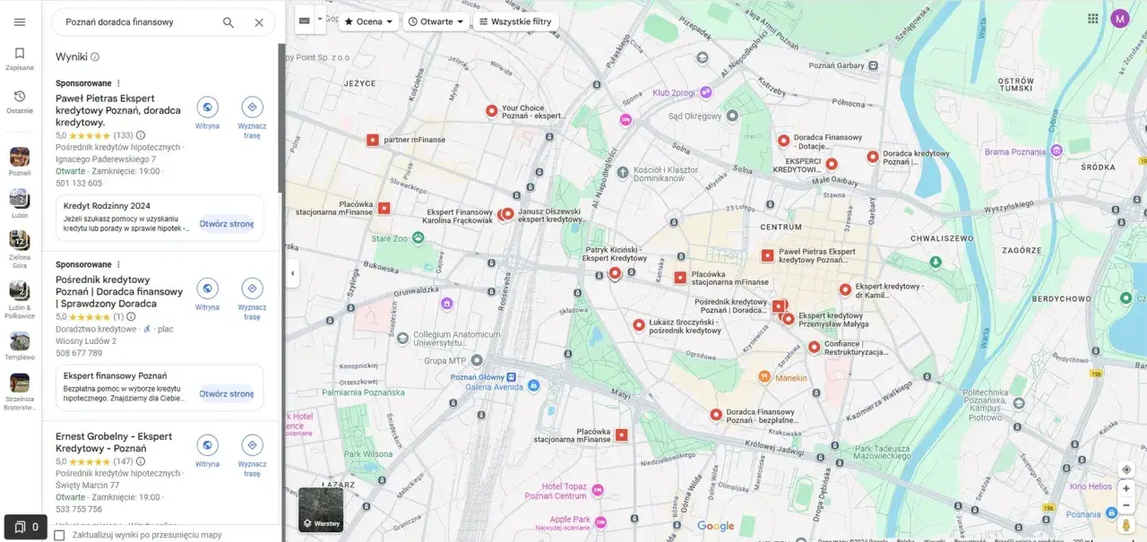 Mapa Poznania z zaznaczonymi doradcami kredytowymi i ekspertami finansowymi.