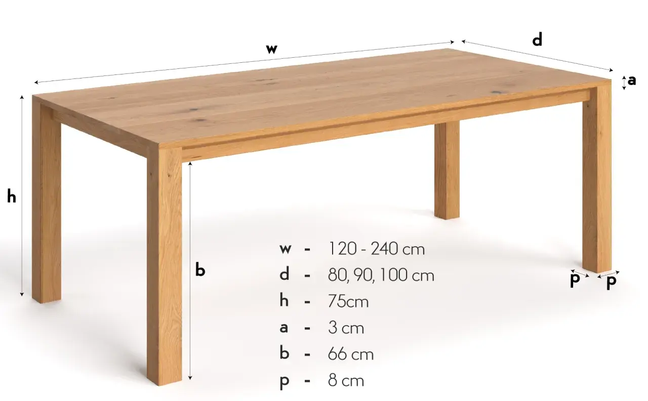 Projekt stołu drewnianego z litego dębu. Wymiary: szerokość 120-240 cm, głębokość 80-100 cm, wysokość 75 cm.
