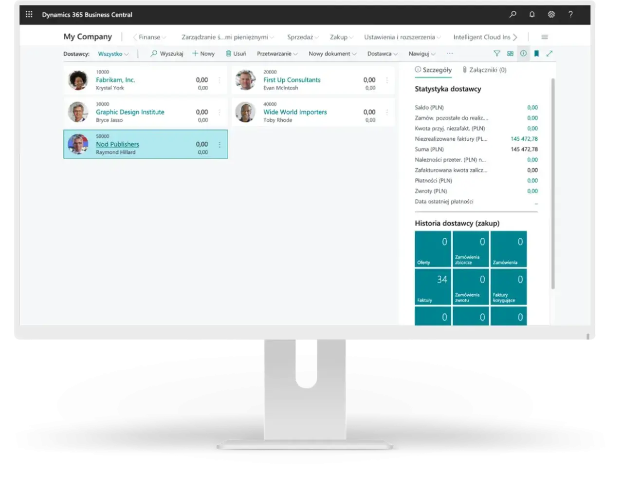 Panel Dynamics 365 Business Central z listą dostawców i statystykami zakupów.