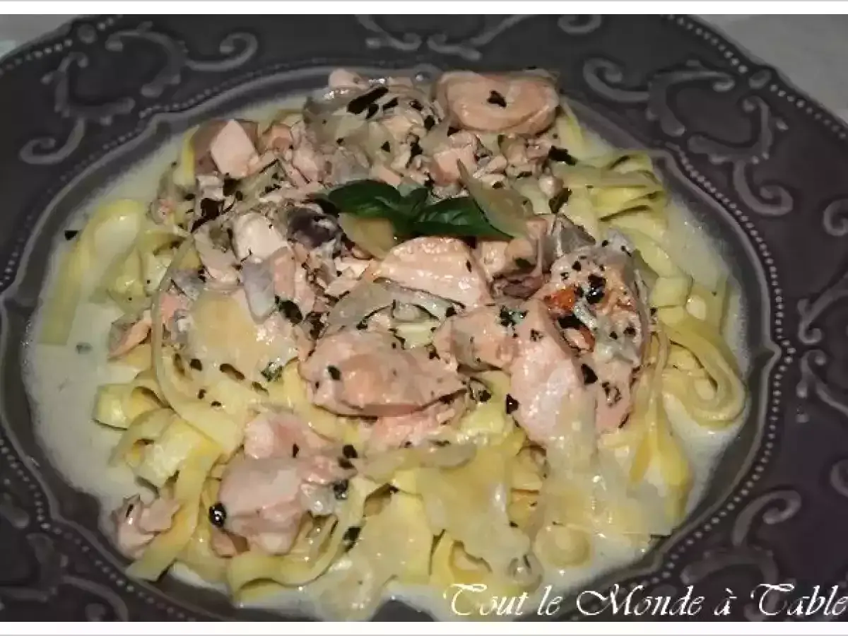 Tagliatelles onctueuses au saumon, parsemées d'herbes fraîches et de poivre noir, servies dans une assiette décorative. Un délice pour les yeux et les papilles.