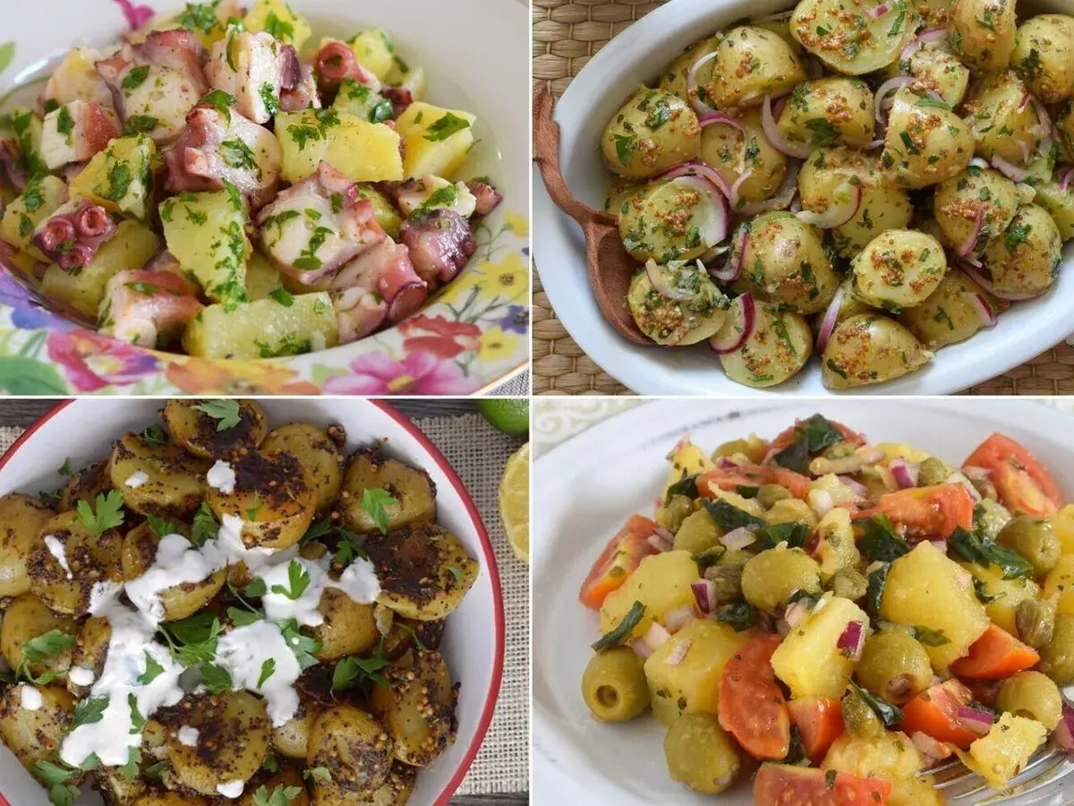 Cuatro deliciosas variantes de amanida de patata: con pulpo, con cebolla morada y mostaza, asada con aliño cremoso y con aceitunas y tomate.