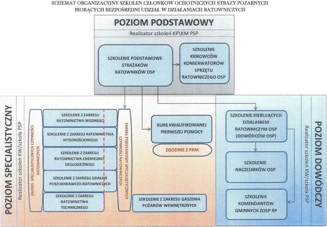 Schemat szkoleń OSP: poziom podstawowy, specjalistyczny i dowódczy. Dowódca OSP może ukończyć szkolenie kierujących działaniem ratowniczym.