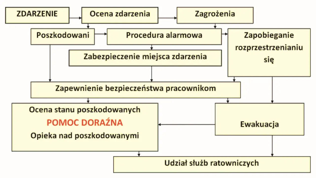 Schemat postępowania w sytuacji kryzysowej: od zdarzenia, przez ocenę, alarm, zabezpieczenie, pomoc poszkodowanym, ewakuację, aż po udział służb ratowniczych.