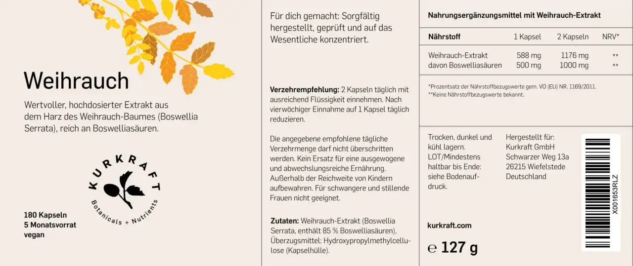 Weihrauch-Kapseln: 180 Stück, vegan. Empfehlung: 2 Kapseln täglich mit Flüssigkeit einnehmen, um Weihrauch einzunehmen.