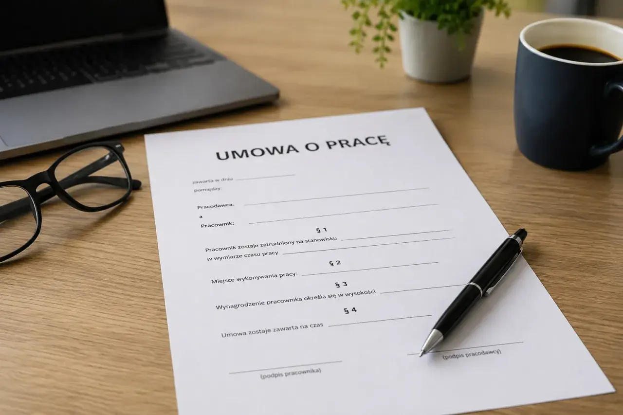 Na biurku leży dokument "Umowa o pracę", obok okulary, laptop i kubek kawy.