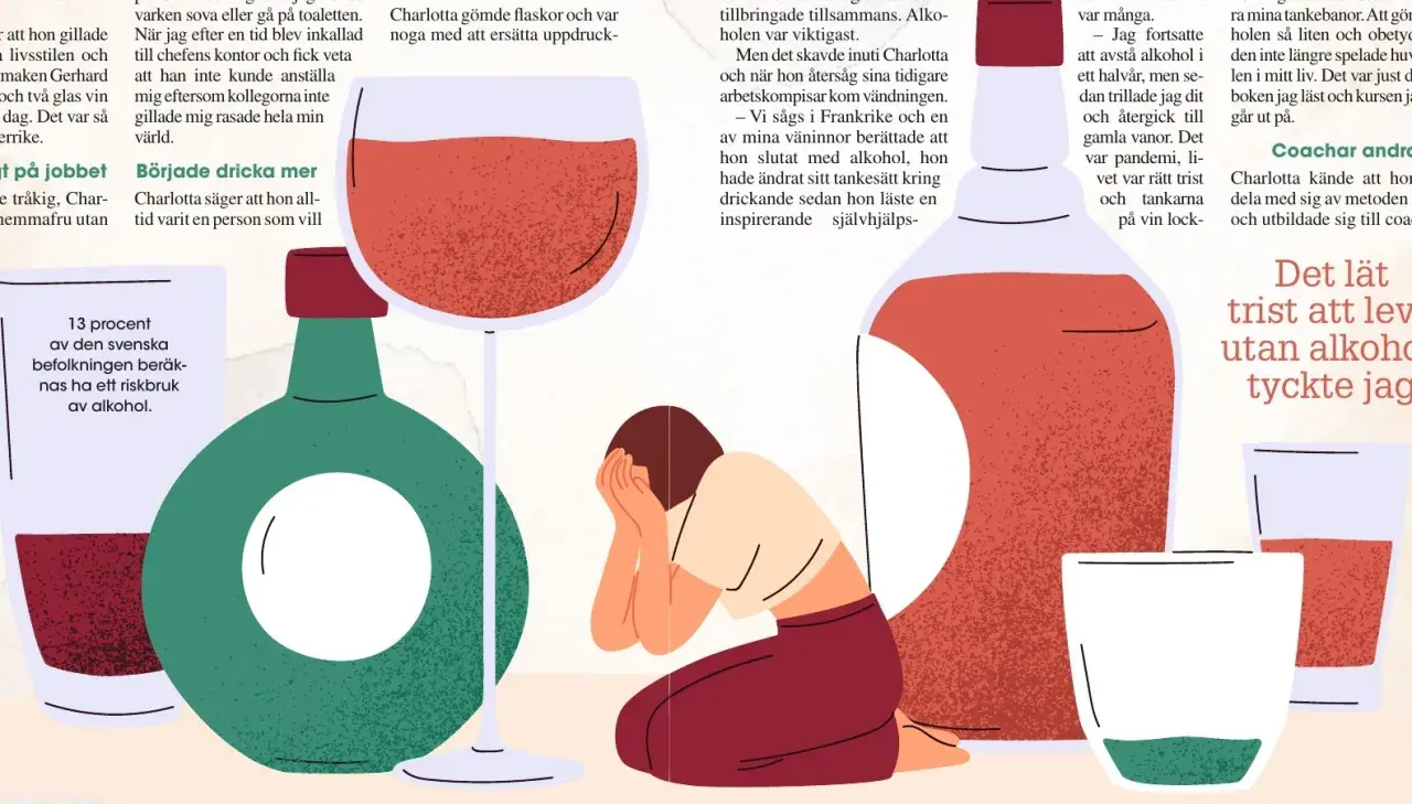 En kvinna sitter med händerna för ansiktet, omgiven av vinflaskor och glas. Bilden illustrerar en berättelse om litium och alkohol.