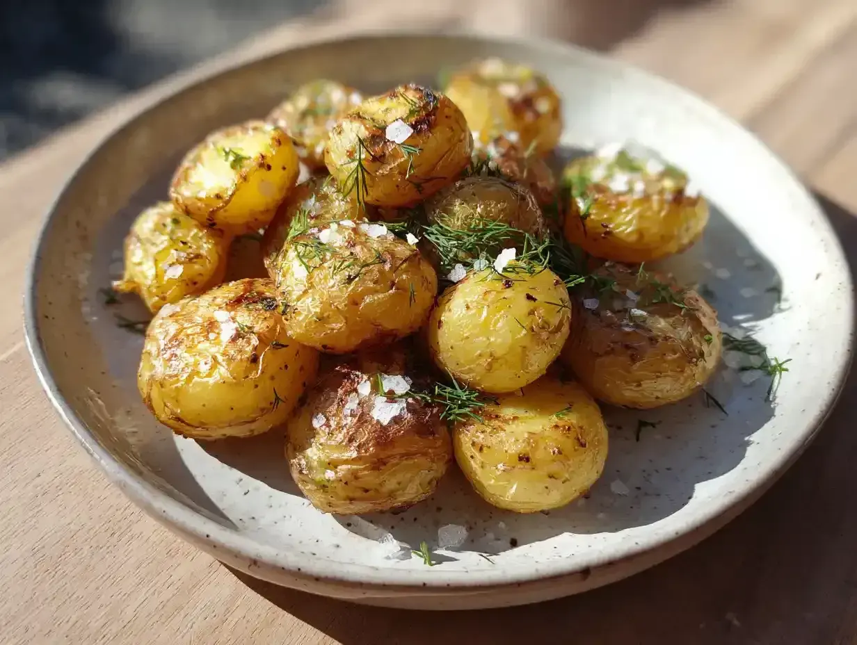 En tallrik med gyllene, råstekt potatis i airfryer, toppad med färsk dill och flingsalt. Perfekt som tillbehör!