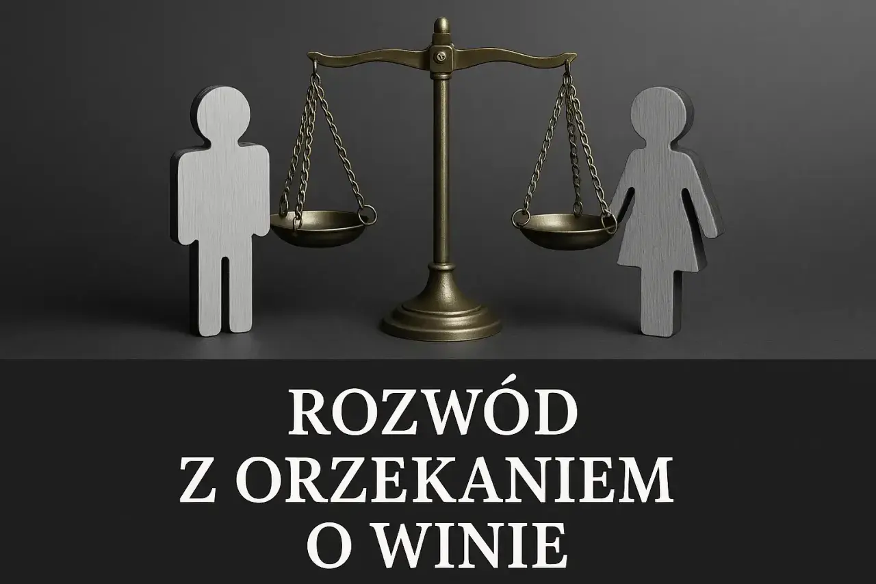 Symboliczne figury kobiety i mężczyzny obok wagi szalkowej. Temat: rozwód z orzeczeniem o winie.
