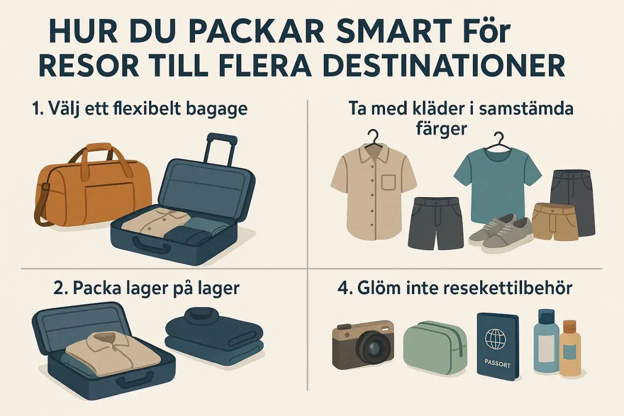 Tips för att packa smart handbagage: välj flexibelt bagage, samordna färger, packa lager på lager och glöm inte resekettillbehör som pass och toalettartiklar.
