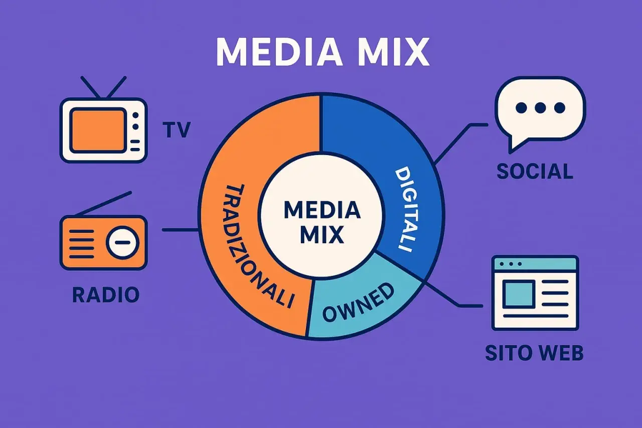 Schema del Media Mix: TV, radio (tradizionali), social e sito web (digitali/owned). Ideale per una campagna adv efficace.