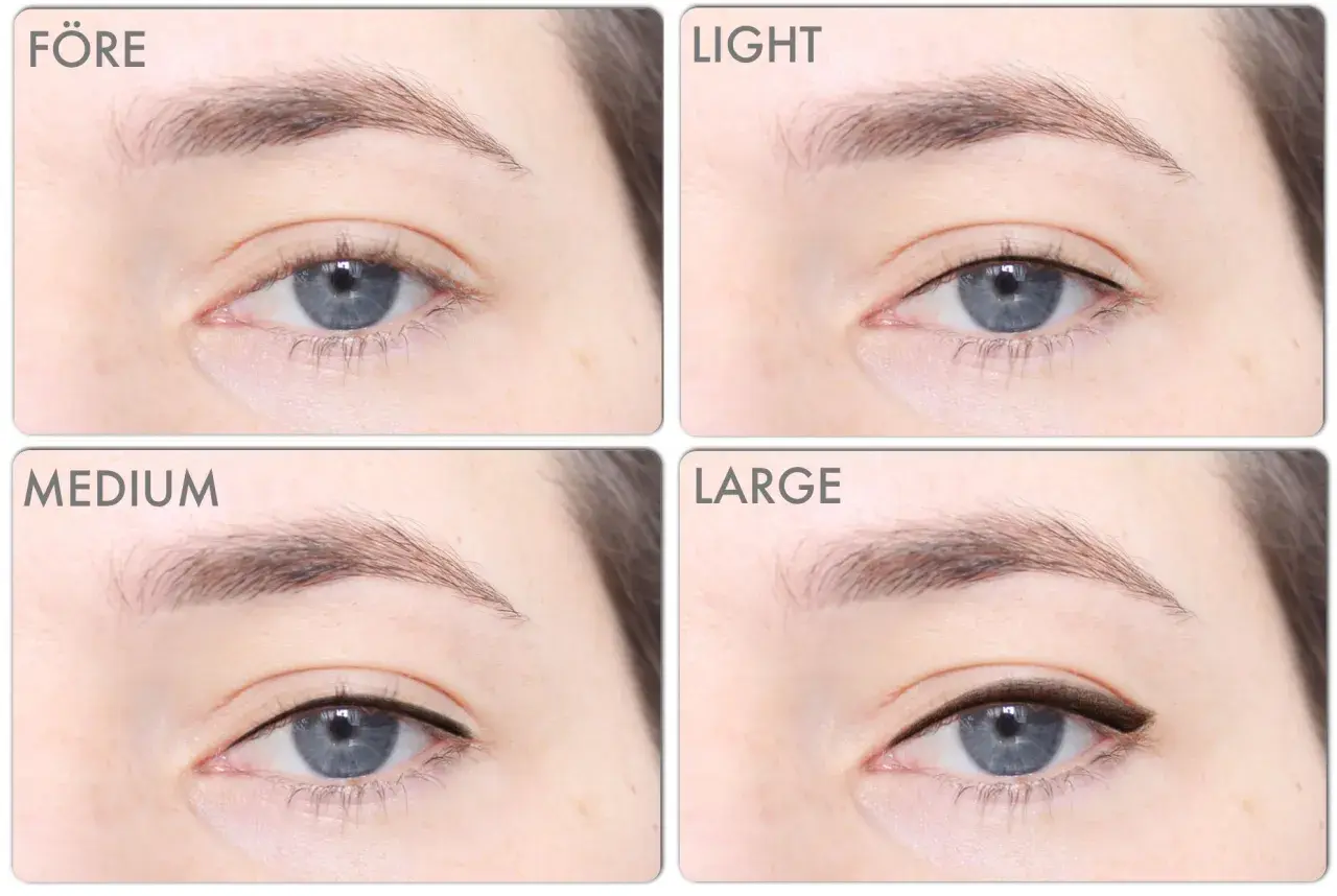Före och efterbilder visar hur tatuera eyeliner kan ge olika effekter, från lätt till stor.