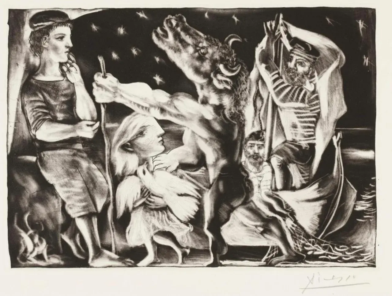 Picasso's Blaue Periode: Ein Mann mit Stier und Taube, ein Fischer im Boot. Düstere Szene unter Sternen.