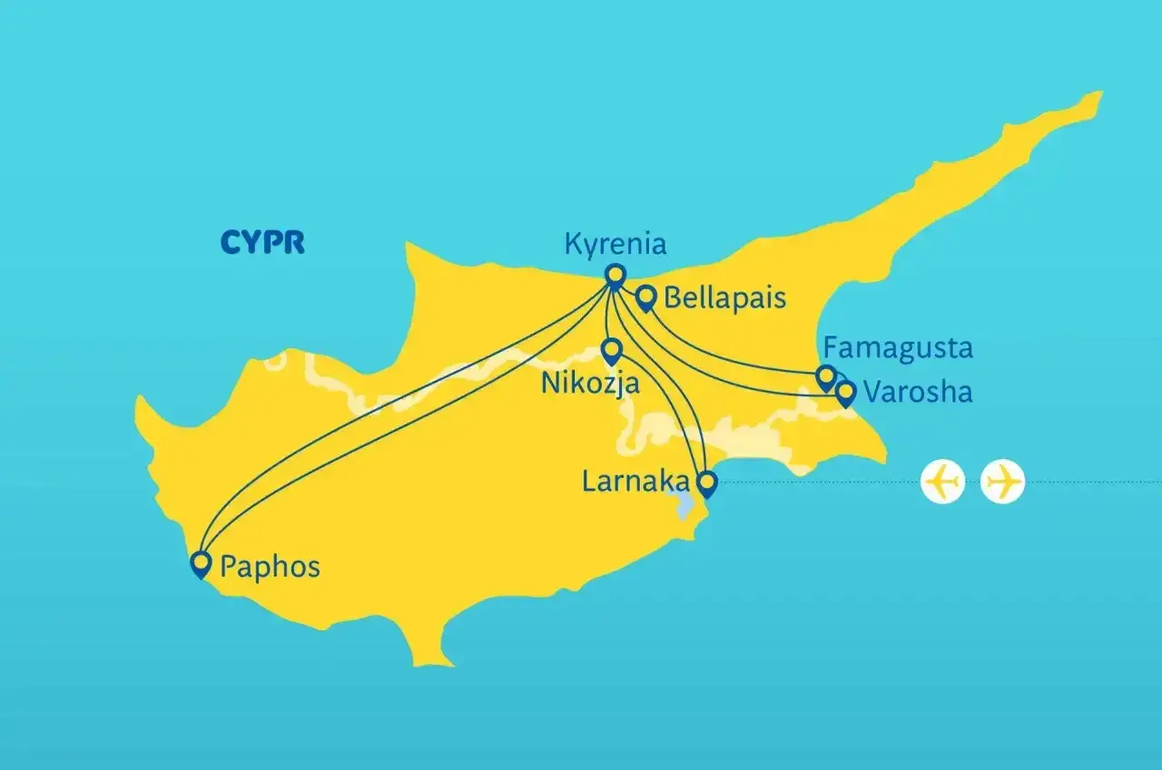 Mapa Cypru z zaznaczonymi miastami: Paphos, Nikozja, Larnaka, Kyrenia, Bellapais, Famagusta, Varosha. Pokazuje, ile się leci na Cypr z różnych punktów.