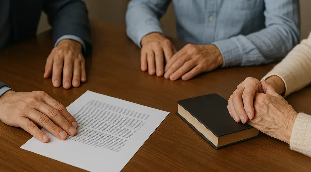 Rodzina przy stole, dokumenty i książka sugerują formalne postępowanie spadkowe.