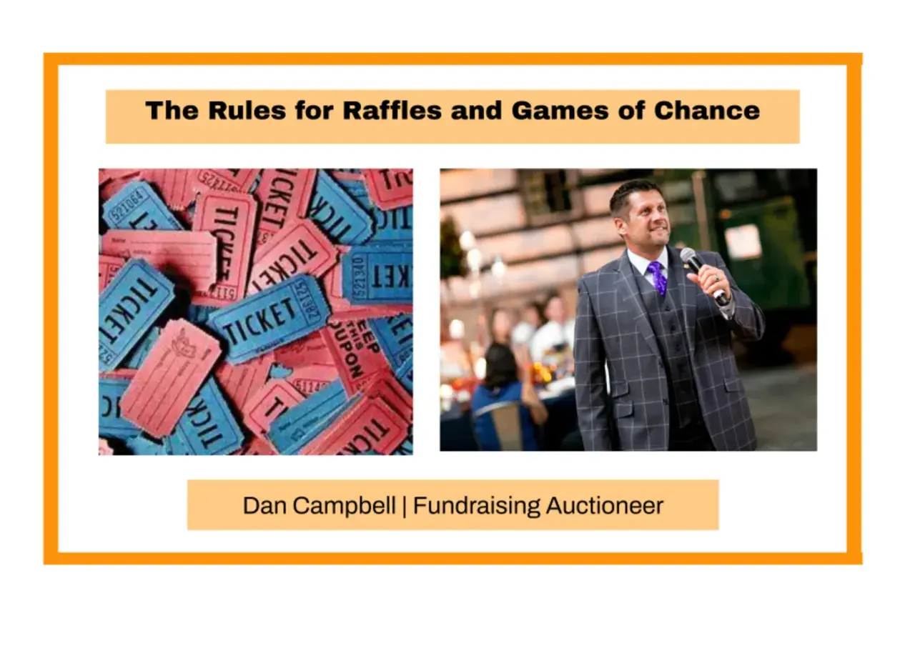 Pile of blue and pink raffle tickets, with a man in a suit speaking into a microphone. Dan Campbell, Fundraising Auctioneer.