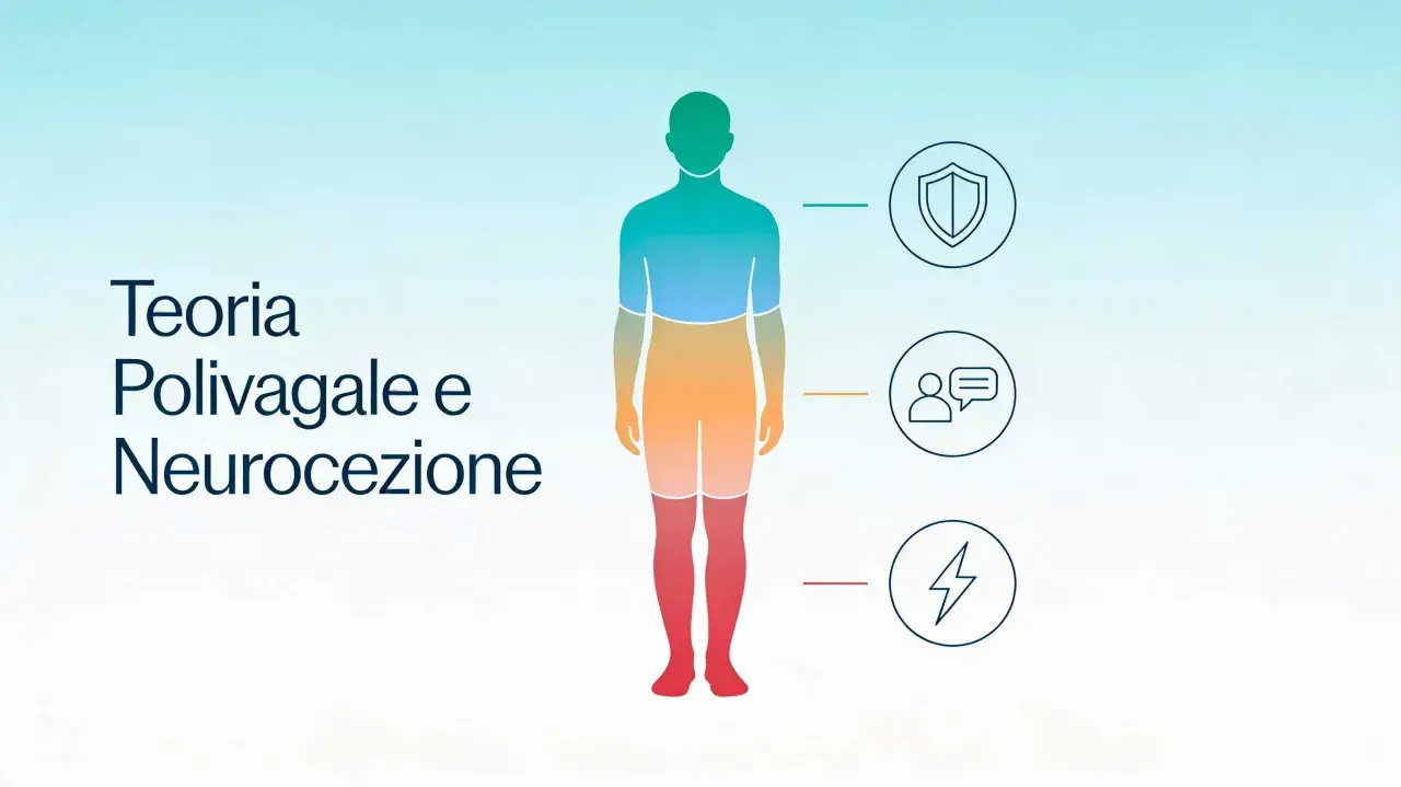 Illustrazione della teoria polivagale: un corpo umano stilizzato con icone che rappresentano protezione, connessione e reazione.