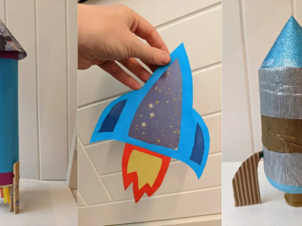 Kreative **Raketen basteln Kinder**: Drei bunte Papierraketen, bereit für den Flug ins All.
