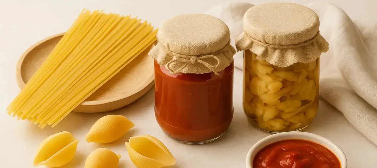 En hög med spaghetti, två burkar med hemlagad tomatsås och inlagda grönsaker, samt några snäckformade pastakroppar. En perfekt grund för en äkta pasta italiano.