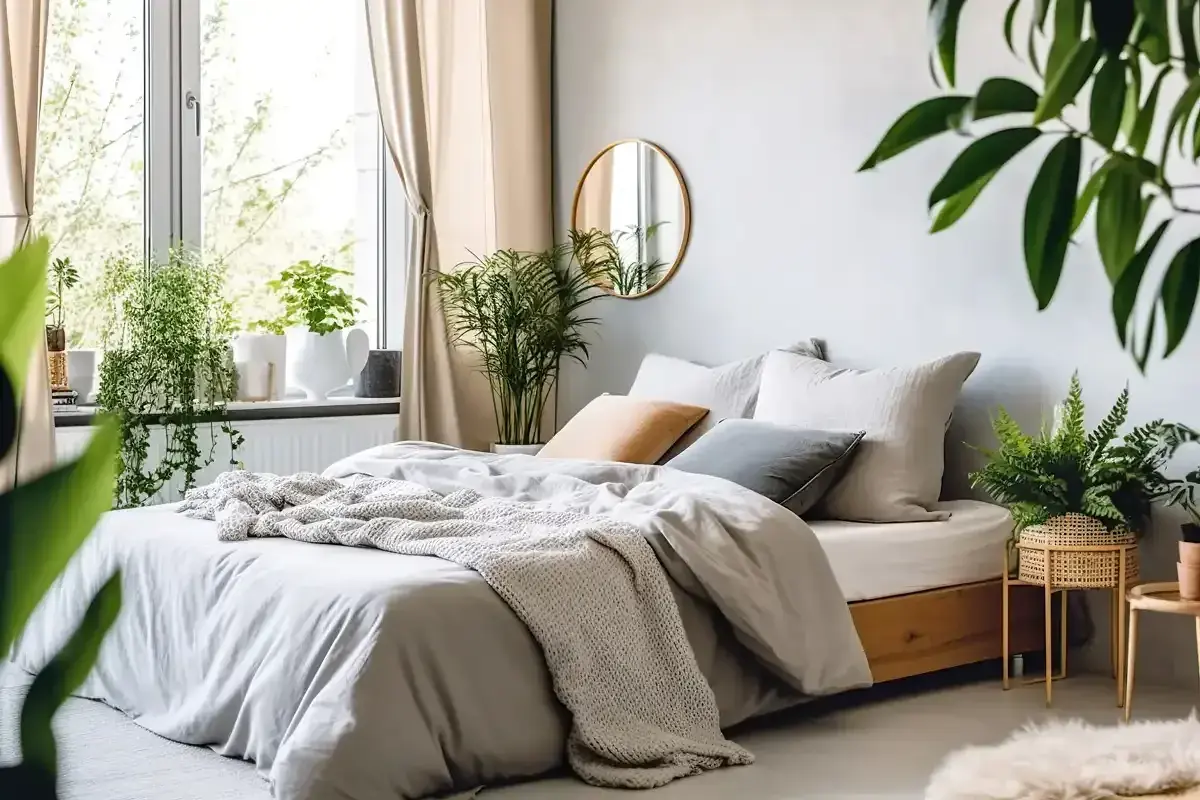 Sypialnia z bujną zielenią. Wiele roślin, które mogą być inspiracją, jakie kwiaty do sypialni, tworzy przytulną atmosferę.