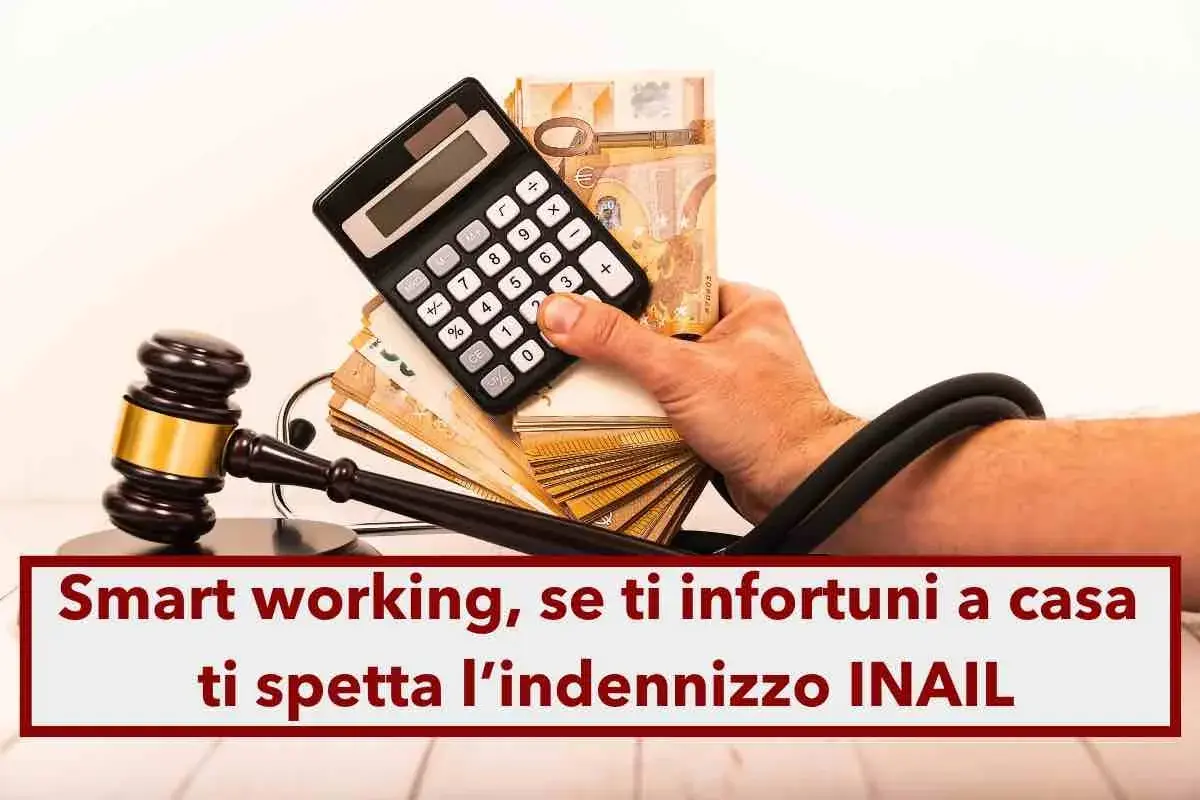 Martelletto da giudice, calcolatrice e banconote: capiamo come funziona l'infortunio sul lavoro e l'indennizzo INAIL per lo smart working.