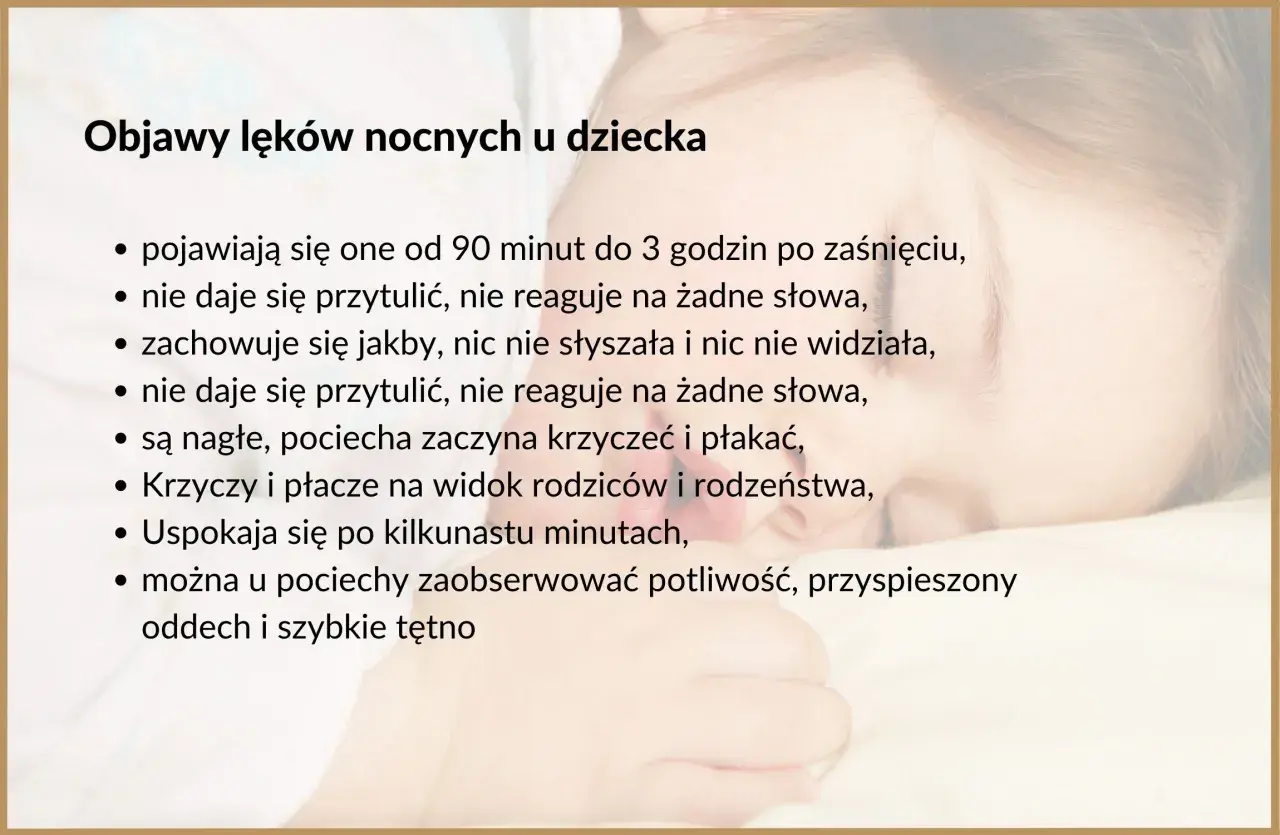 Objawy lęków nocnych u 8 latka: dziecko nie reaguje, krzyczy, płacze, jest spocone.