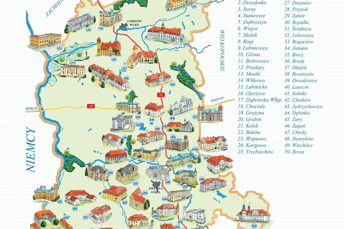 Mapa turystyczna prezentująca zamki lubuskie i okolice.