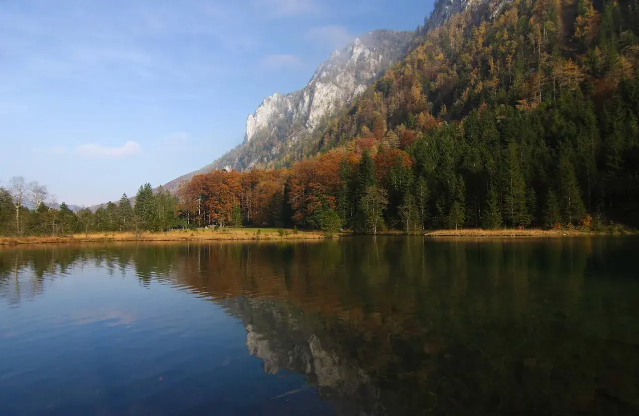 Herbstliche Farben am Falkensee Inzell, mit Bergen und Bäumen, die sich im ruhigen Wasser spiegeln.