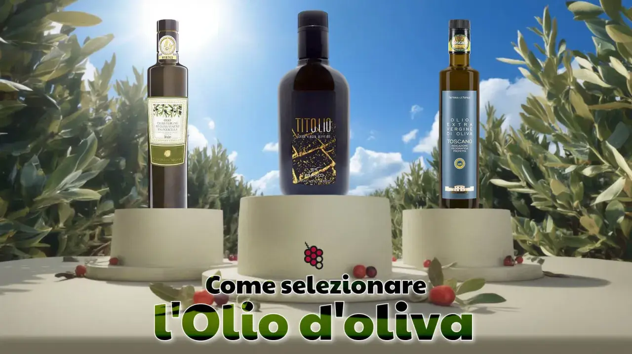 Tre bottiglie di olio di oliva vergine, su piedistalli, con testo "Come selezionare l'Olio d'oliva".
