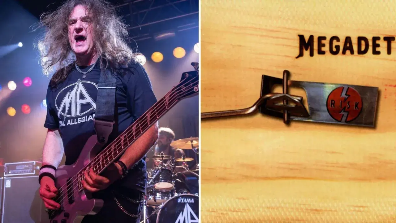 Dave Ellefson gra na basie na scenie, obok okładki albumu Megadeth "Risk".