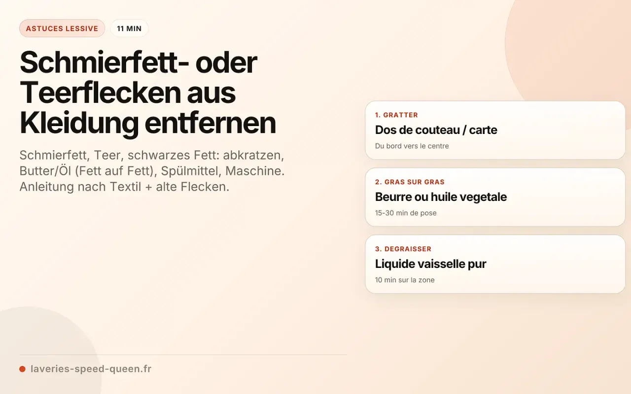 Anleitung zum Teer aus Kleidung entfernen: Schmierfett, Teer, schwarzes Fett abkratzen, dann mit Fett auf Fett, Spülmittel & Maschine behandeln.