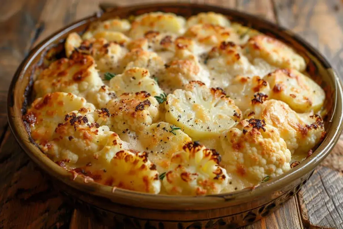Un délicieux gratin chou fleur pomme de terre, doré et gratiné, prêt à être dégusté.