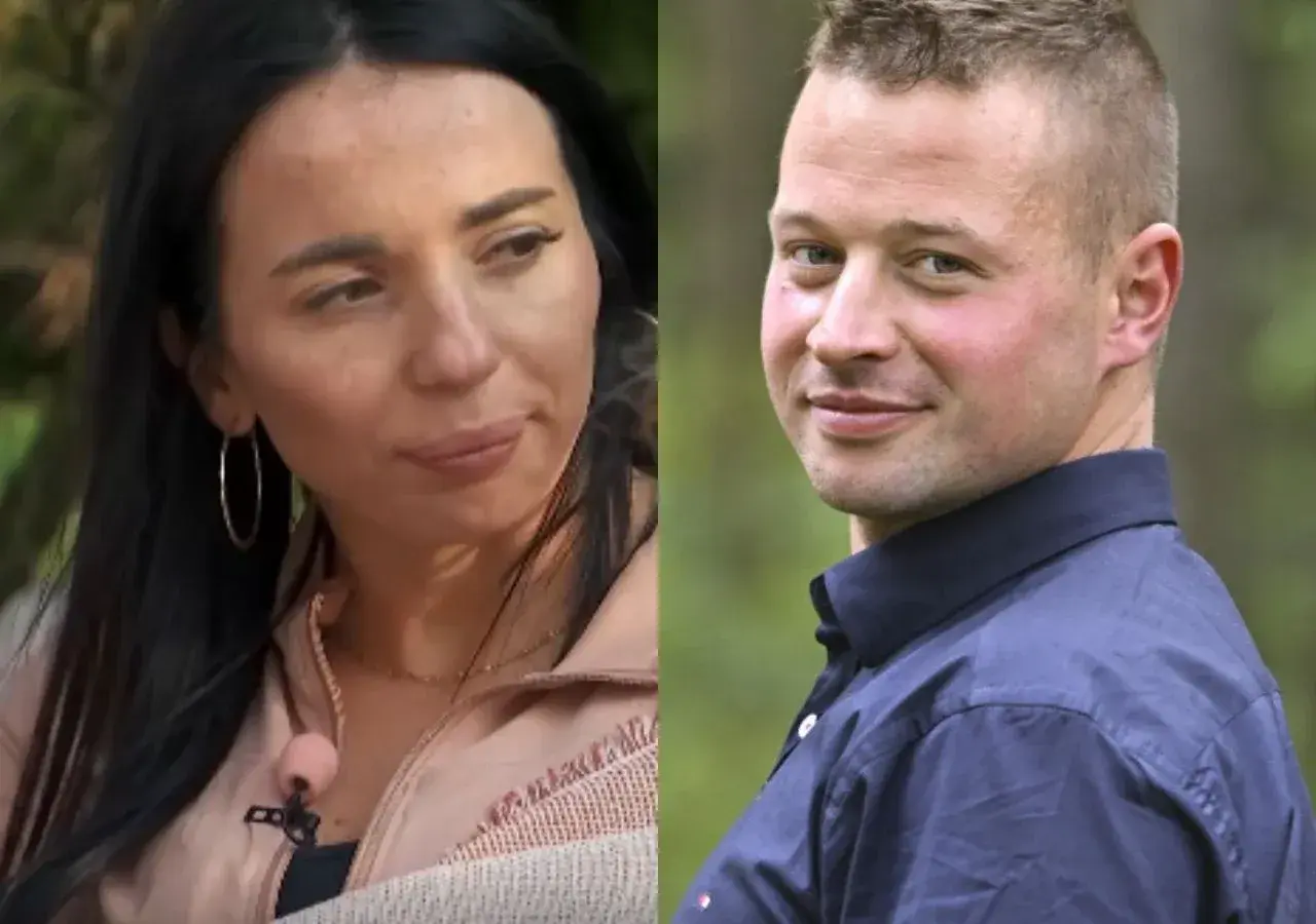 Kobieta i mężczyzna z programu "Rolnik szuka żony 12". Ona w różowej bluzie, on w granatowej koszuli.
