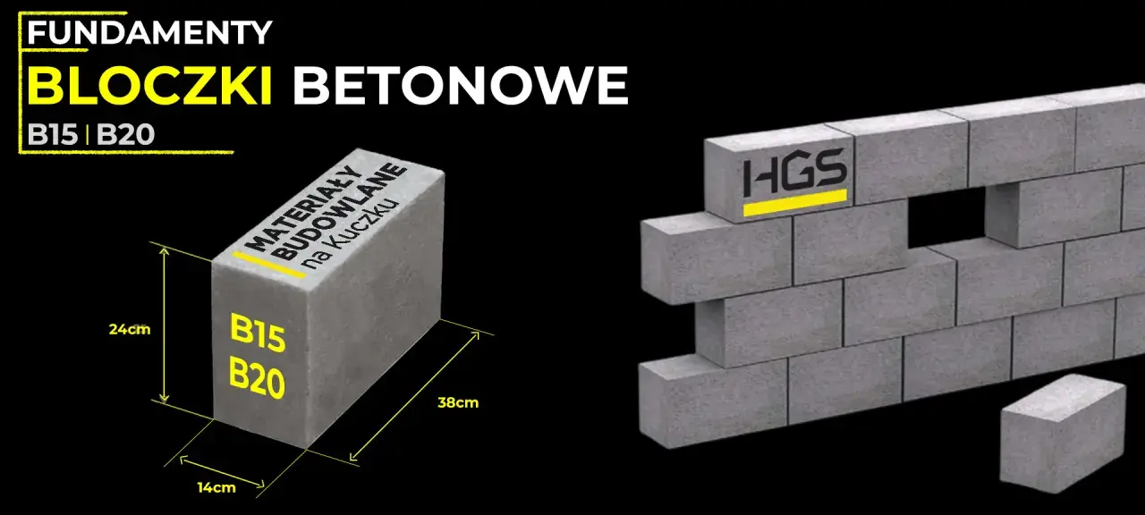 Bloczki betonowe HGS do fundamentów. Wymiary bloczków betonowych: 24x14x38cm. Klasa B15, B20.