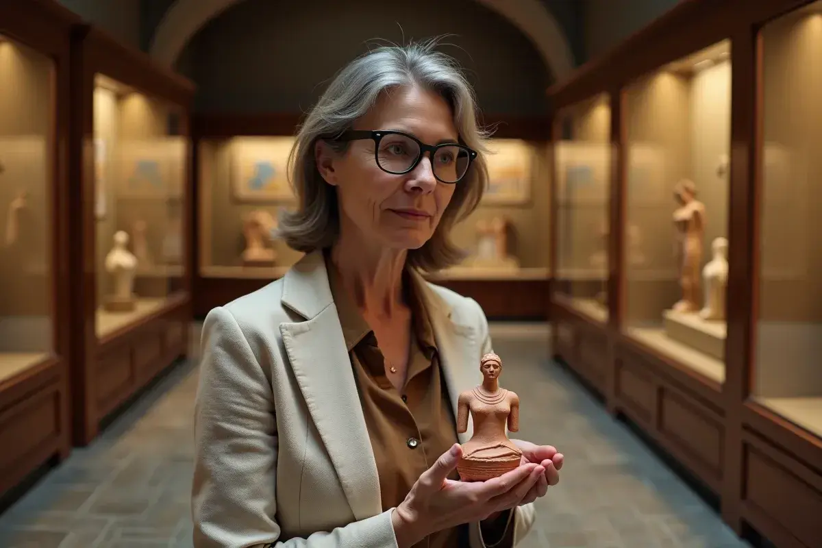 Une femme tient une statuette rappelant une déesse de la terre grecque, dans un musée.