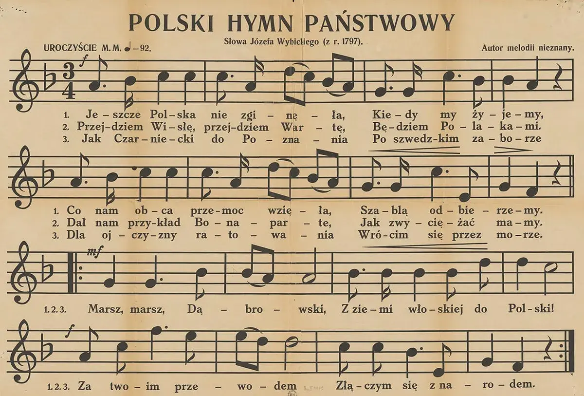 Polski Hymn Państwowy, słowa Józefa Wybickiego. Autor melodii nieznany. Kto napisał hymn? Józef Wybicki.
