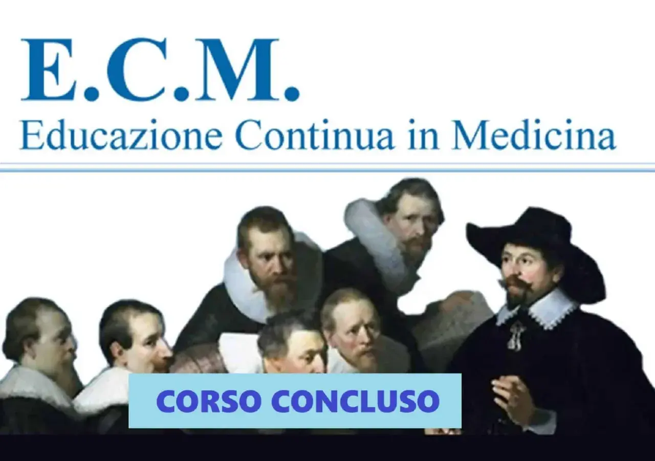 Painting of men in historical attire with text "E.C.M. Educazione Continua in Medicina" and "CORSO CONCLUSO".