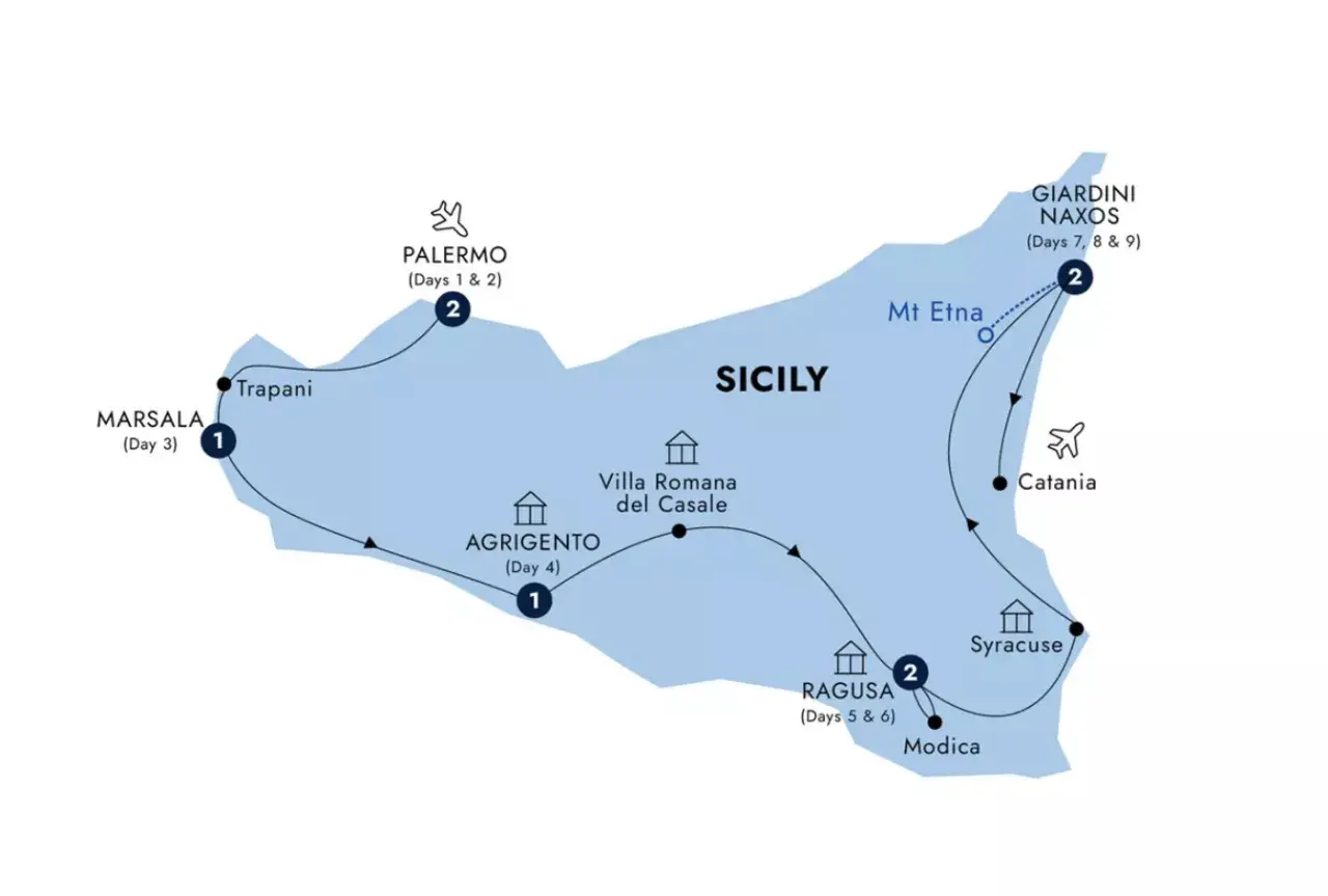 Map showing a 2 week Sicily itinerary, starting in Palermo, then Marsala, Agrigento, Ragusa, Syracuse, Catania, and Giardini Naxos, with Mt Etna highlighted.