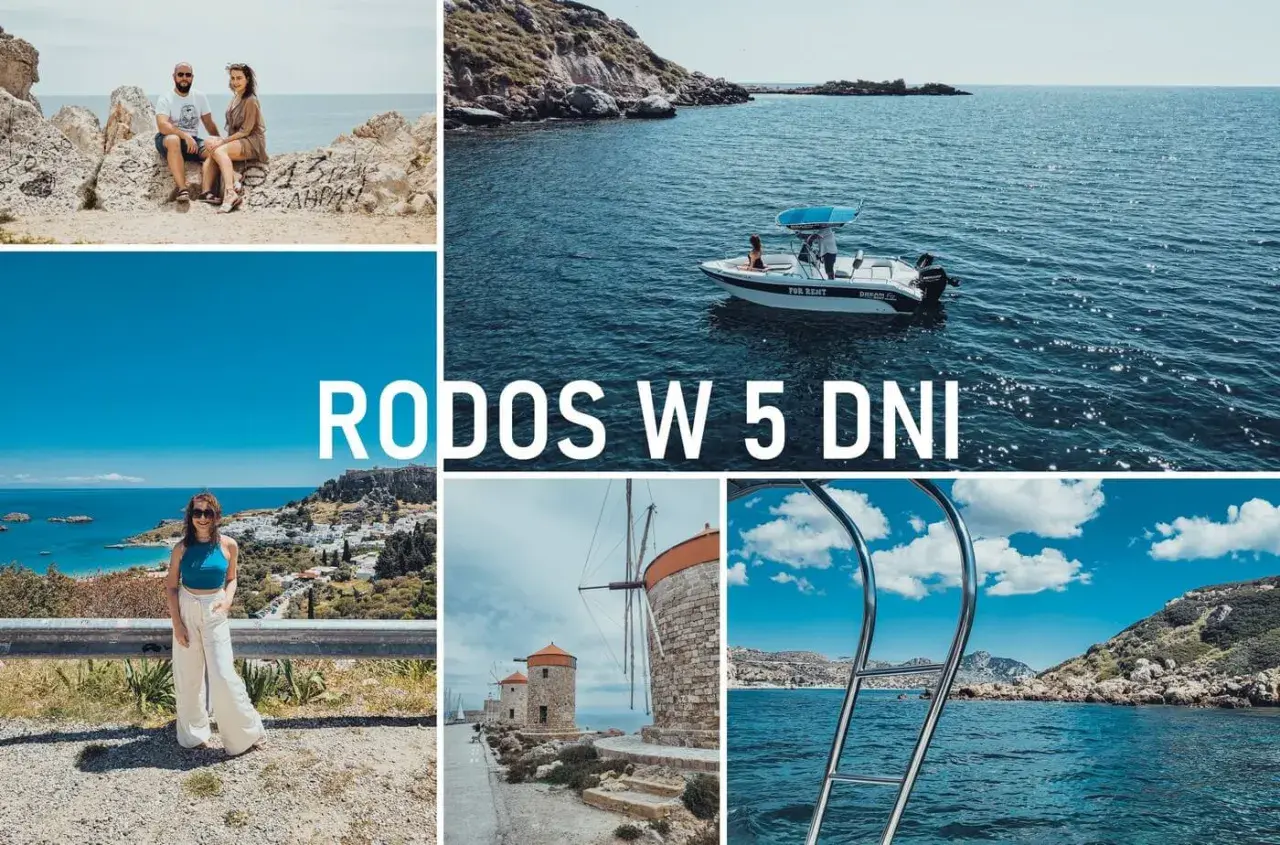Rodos co zobaczyć: para na skałach, łódź na morzu, kobieta z widokiem na Lindos, wiatraki i widok na zatokę.