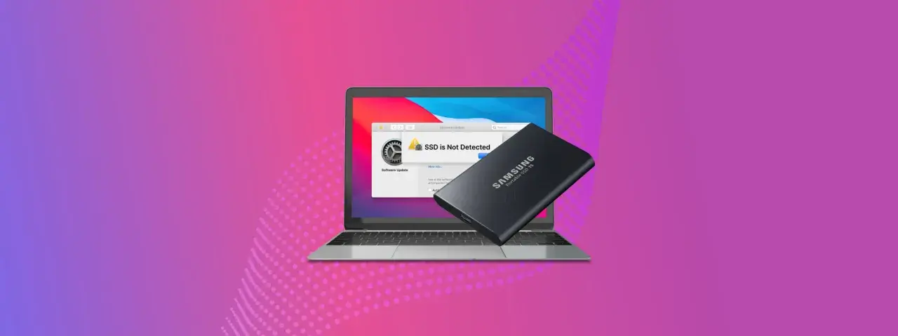 Laptop zeigt "SSD is Not Detected" an, obwohl eine Samsung Portable SSD T7 angeschlossen ist.