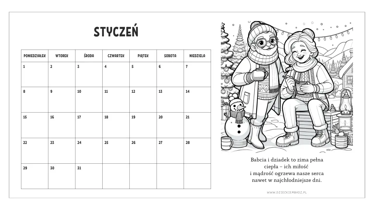 Styczeń. Kalendarz na Dzień Babci i Dziadka z rysunkiem uśmiechniętych seniorów w zimowej scenerii.