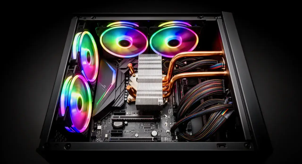Intérieur d'un PC gaming avec ventilateurs RGB lumineux, un refroidisseur CPU imposant et des câbles colorés. Un vrai **3D mark** de performance.