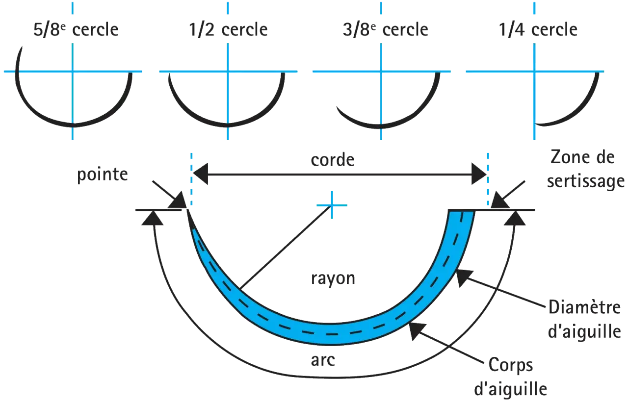 Schéma illustrant les types de sutures en chirurgie : différentes courbures d'aiguilles (5/8, 1/2, 3/8, 1/4 cercle) et leurs composantes (pointe, corde, rayon, arc, corps, diamètre d'aiguille, zone de sertissage).