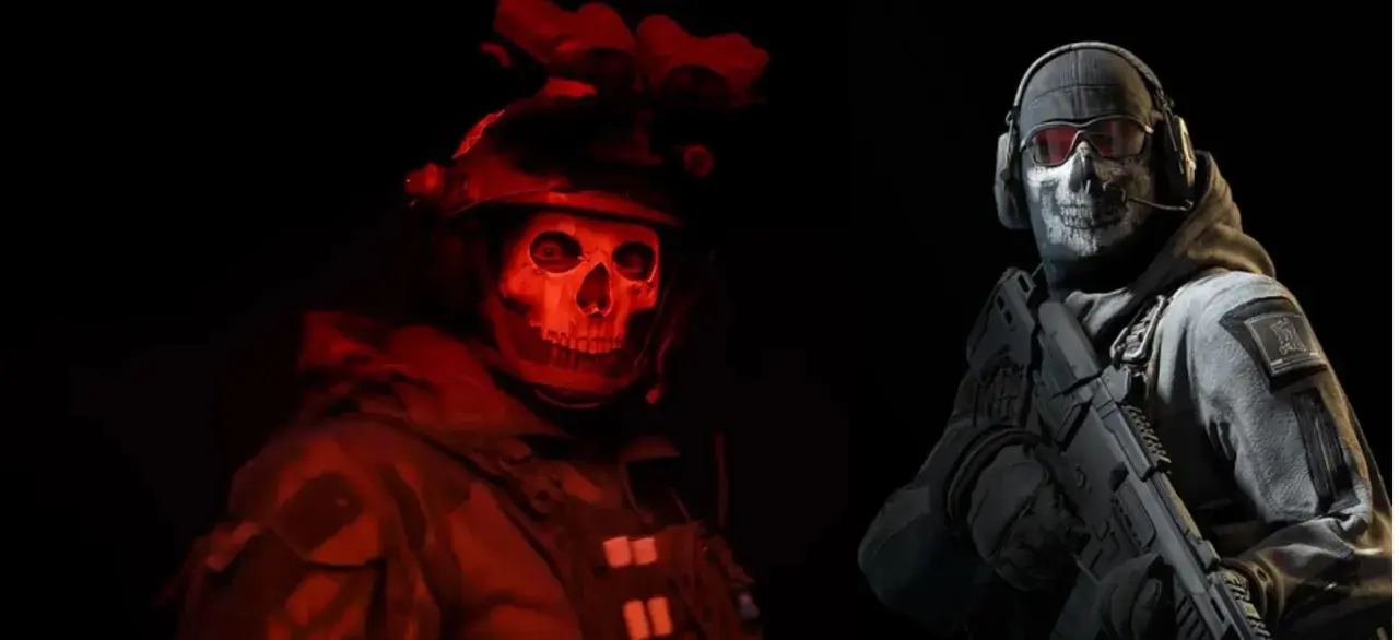 Dwóch żołnierzy z maskami czaszek, jeden w czerwonym świetle, drugi z karabinem. Ikoniczni bohaterowie z gry Call of Duty.