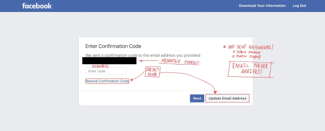 Ekran Facebooka z prośbą o wpisanie kodu potwierdzającego, gdy próbujesz zresetować hasło na Messengerze. E-mail z kodem nie dociera.