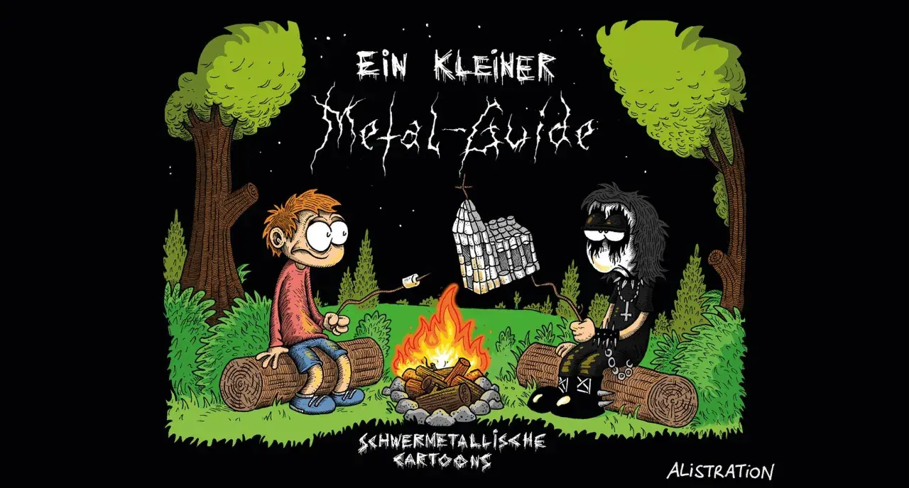 Zwei Jungen, einer im Metal-Look, sitzen am Lagerfeuer. Über ihnen hängt ein Marshmallow-Haus. Ein kleiner Metal-Guide für die härtesten Bands.